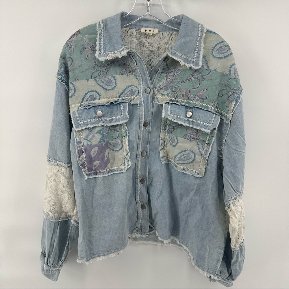 POL Paisley Patchwork Chambray Button Down Jacket Lace detail Boho Gypsy vtg